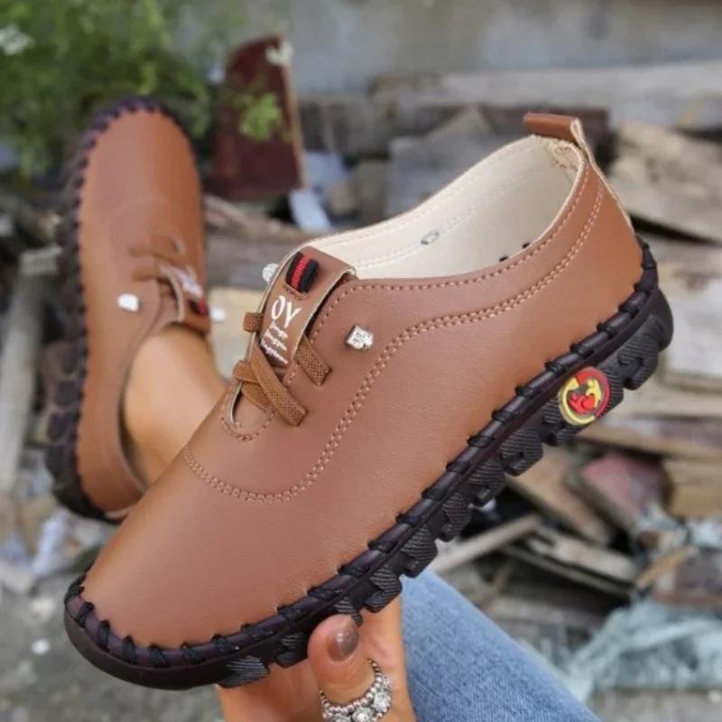 Women's Sneakers Wear Resistant  Spring New Casual Comfortable Platform Loafers Lace-Up Leather Flats Slip-On Ladies Shoes