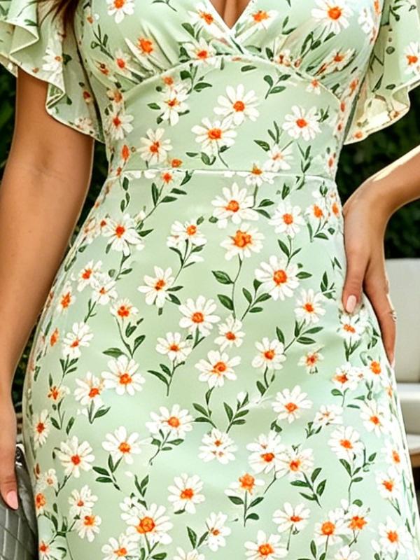Women's Mint Green Daisy Print V Neck Maxi Dress Flounce Sleeve Casual Vacation Dress