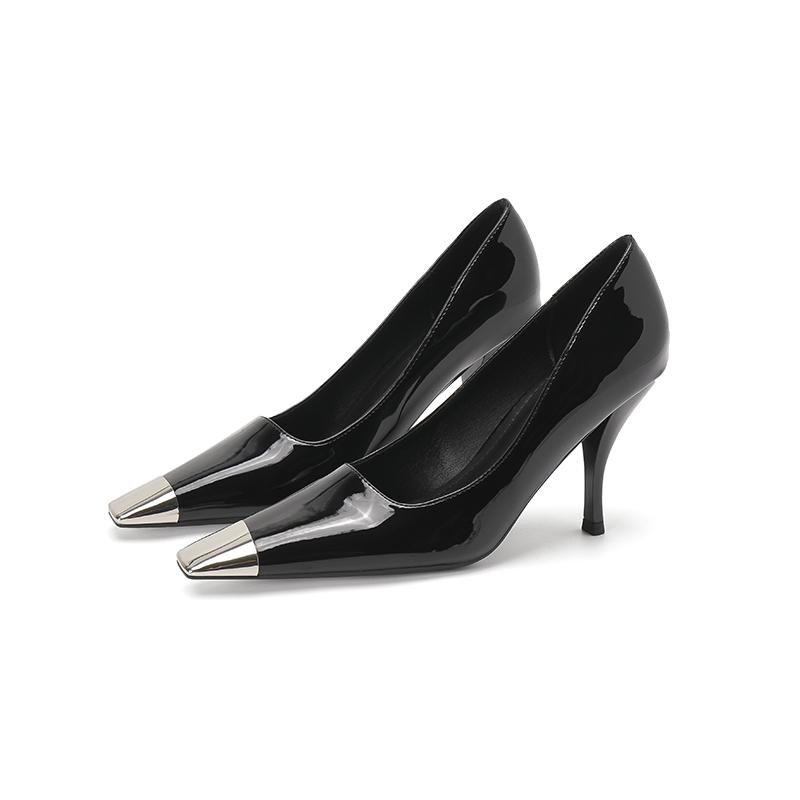 Spring Women's High Heels Black Leather Square Toe Sexy Stiletto High Heels Commuting Shoes