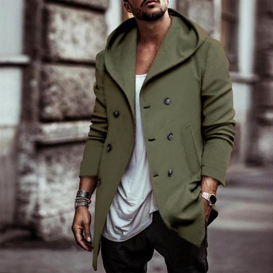 Men Windbreaker Coat Hooded Long Sleeve Solid Color Double-Breasted Jacket with Pockets Autumn Winter Outerwear