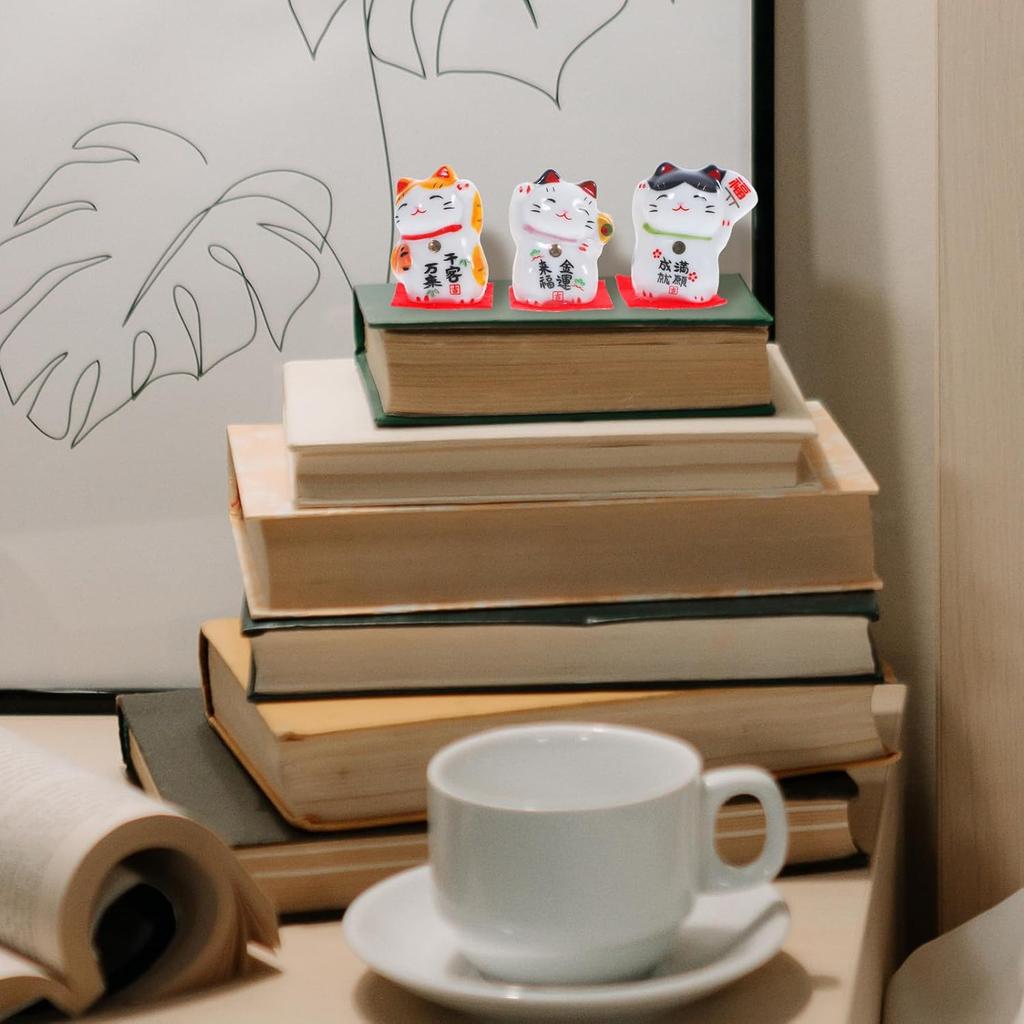Wakauto 3 Pcs 1" Lucky Cat Statue Japanese Maneki Neko Waving Cats Ceramic Figurines Feng Shui Miniature Animal Statue Decoration for Shop, Home, Car