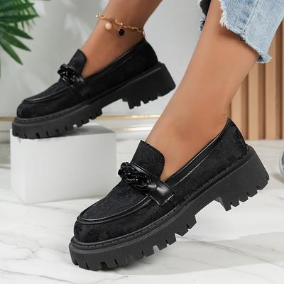 Mode Damenmode Kettendekoration Slipper Weiche Sohle Büro Arbeitsschuhe Frau Schwarz Bestickte Plateau Oxfords für Damen