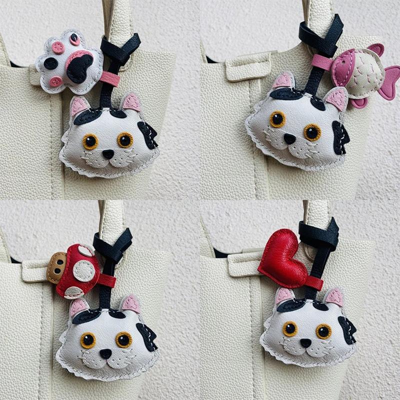 Cat Theme Brand Latest Cowhide Bag Hanging Accessories Sheepskin High Quality Key Chain Backpack Charms Diy Bag Decor Great Gift