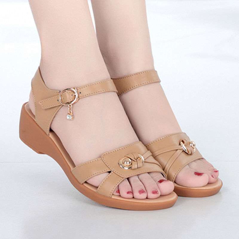 

Sandals women s summer new real soft leather wedge heel comfortable flat bottom middle-aged and elderly non-slip soft sole middle-aged mother shoes 40
