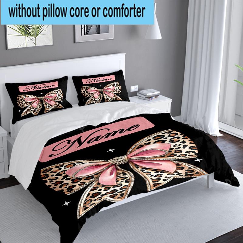 Custom Name 3PCS Leopard Print Bow Bedding Set, Including 1pc Duvet Cover And 2pcs Pillowcases, Suitable for Dorms and Bedrooms Gift