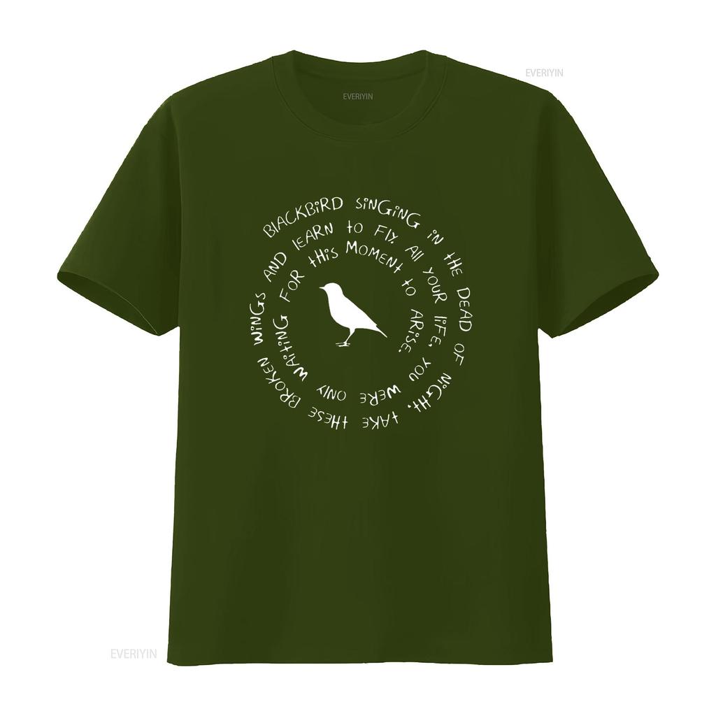 Blackbird Singing In The Dead of Night Bird Lyrics T Shirt Vintage Washed Unisex Stretched Casual Top For Everyday Wear Fashion