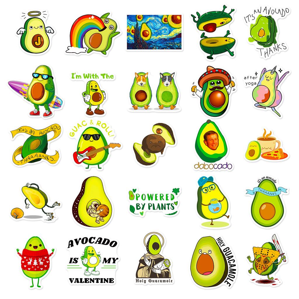 50 Avocado Series Stickers, Cute Avocado Cartoon Style Graffiti Stickers