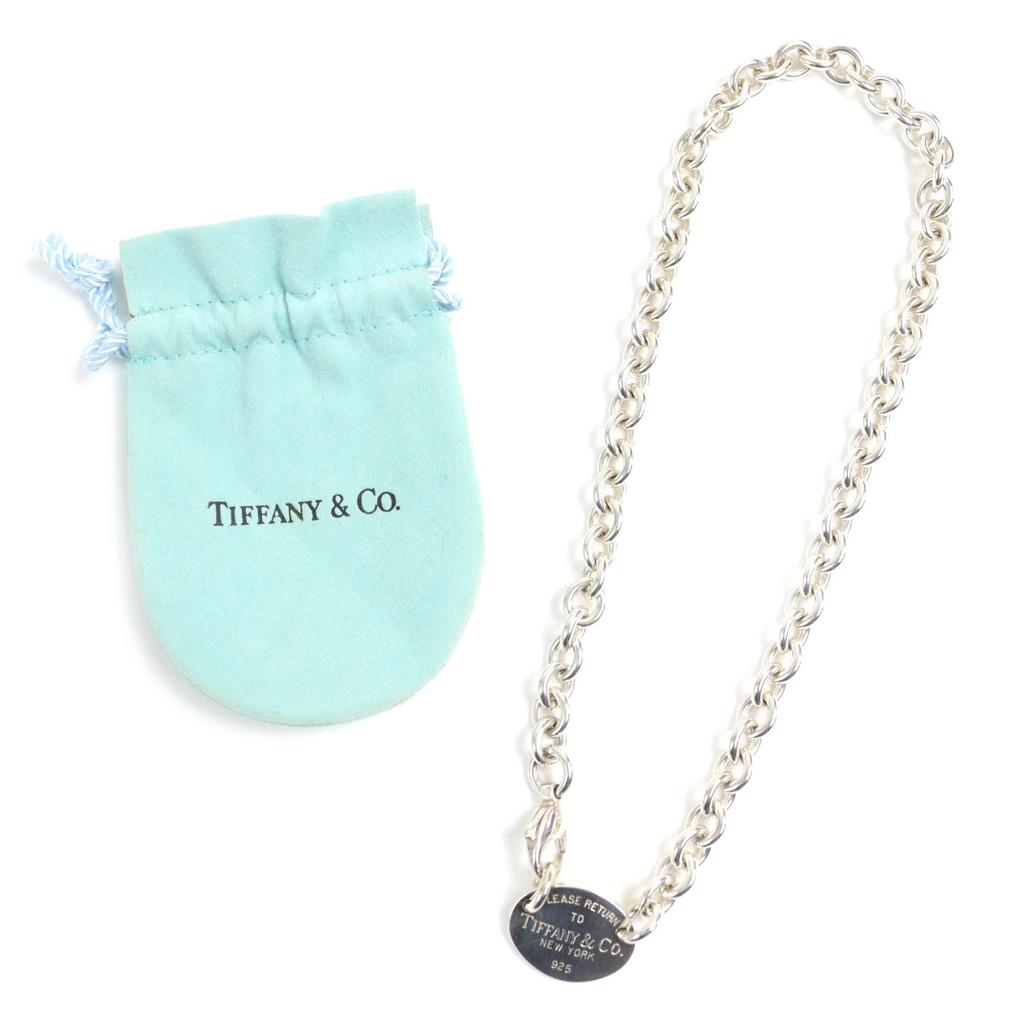 Great TIFFANY&Co. Necklace oval tag choker Silver SV925 mens Used