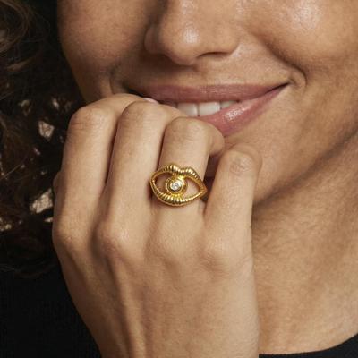 Offener Ring aus vergoldetem Edelstahl mit Zirkonia-Einlage und Lippen- und Augen-Design