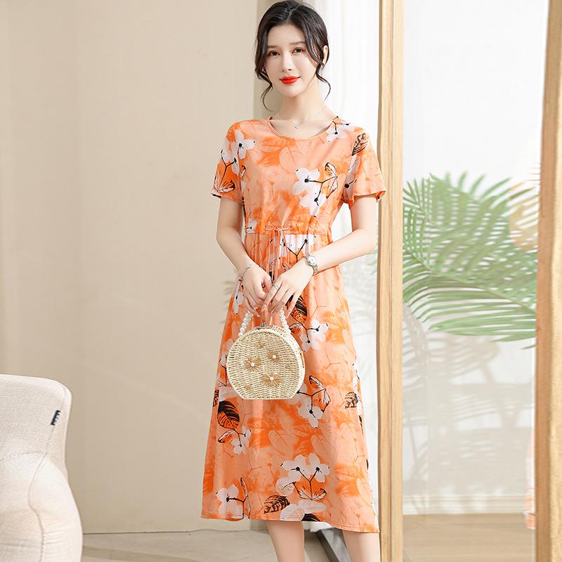 Elegant Floral Summer Dress for Women - Mid-Length, Loose Fit, Plus Size, Tummy Concealing, Cotton Silk Blend