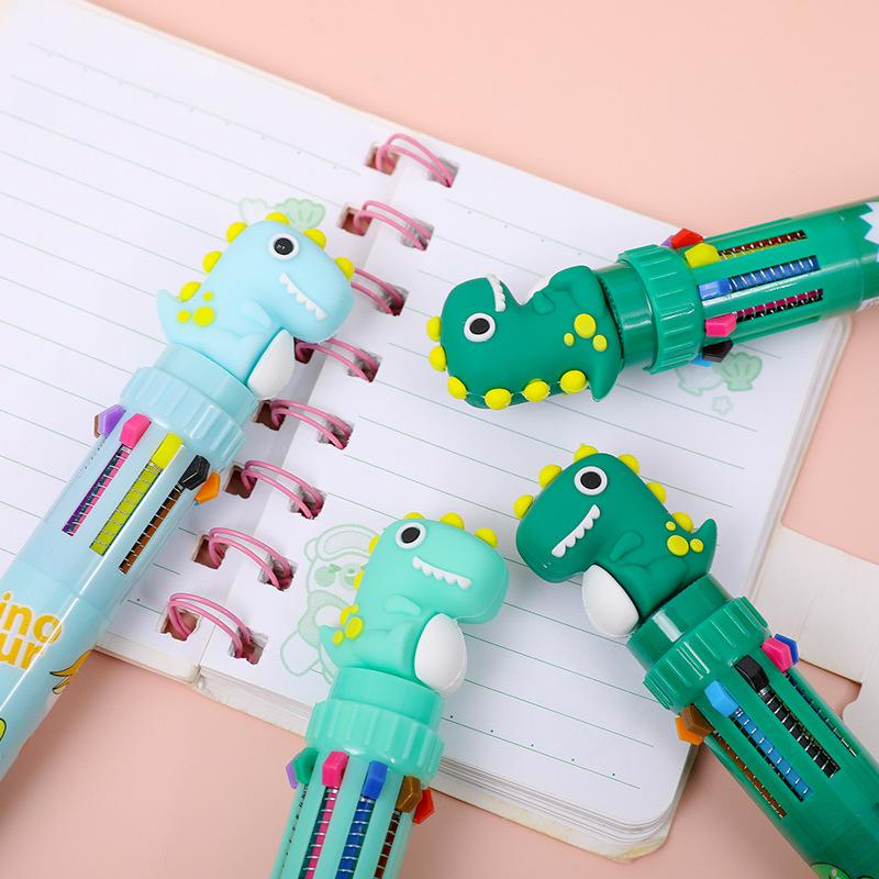 2Pcs Cartoon Cute Dinosaur Multicolor Pen Ten Color Signature Pens Creative Quick-Drying Neutral Pens Writing Smooth Neutral Pen