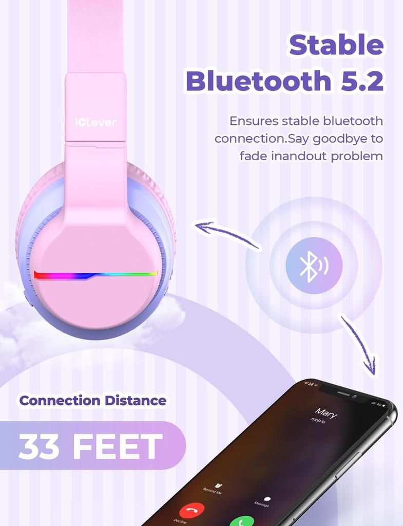 iClever Bluetooth Wireless Headphones with Volume Limit and Microphone for Kids' (74/85/94dB), 45-Hour Playtime, School/Tablet/PC (BTH12, Pink)