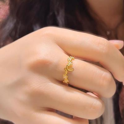 24k antiker Goldschmuck Damenring mit Blume und Schmetterling, leichter Luxus, hochwertiger Sinn, modisch, exquisiter Ring, vielseitiger Schmuck für Damen