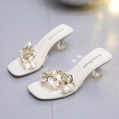Pantuflas de Moda para Mujer 2025 Verano Nuevas Alta Calidad Elegantes Sexy Punta Abierta Zapatos de Mujer Moda Más Vendido Vestido Sandalias de Tacón de Cristal