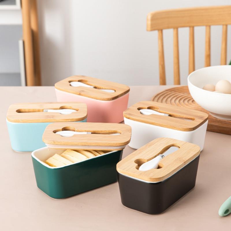 Bambusdeckel mit Keramik-Butterstreicher Butterdose Küche Kühlschrank Aufbewahrung Vorratsdosen Aufbewahrung Frischhaltebox Haushaltsgeschirr