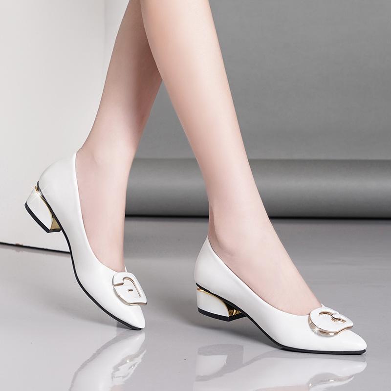 Pointed High Heels Women's Thick Heel Spring New Low Heel Medium Heel Women's Shoes Soft Leather Not Tired Feet Shallow Mouth Single Shoes
