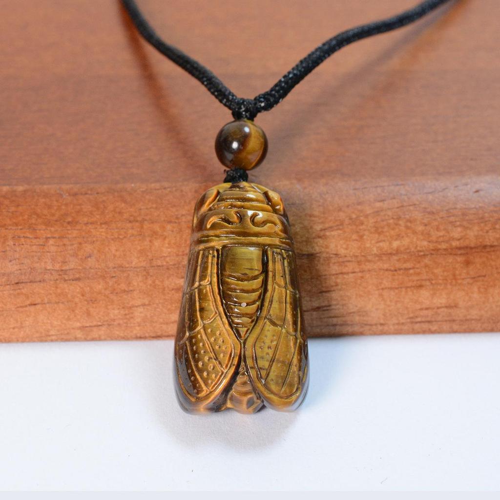 Natürlicher Tigerauge Stein Gold Jade Zikade Anhänger Halskette