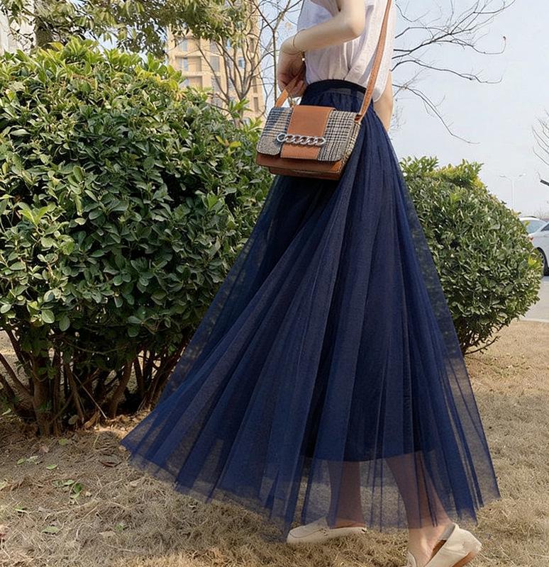 Women's High-Waist Mid-Length Pleated Mesh Skirt