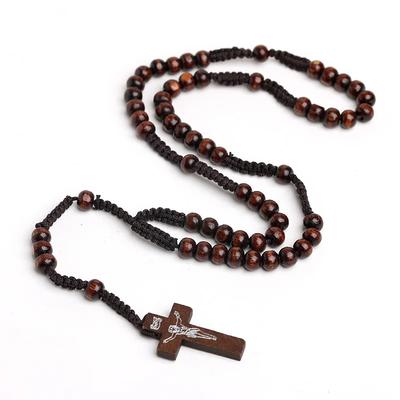 Katholische Holzkugelkette für Damen Kruzifix Kreuz Anhänger Geflochtene Seilkette Rosenkranzkette Herren Religiöser Gebetsschmuck