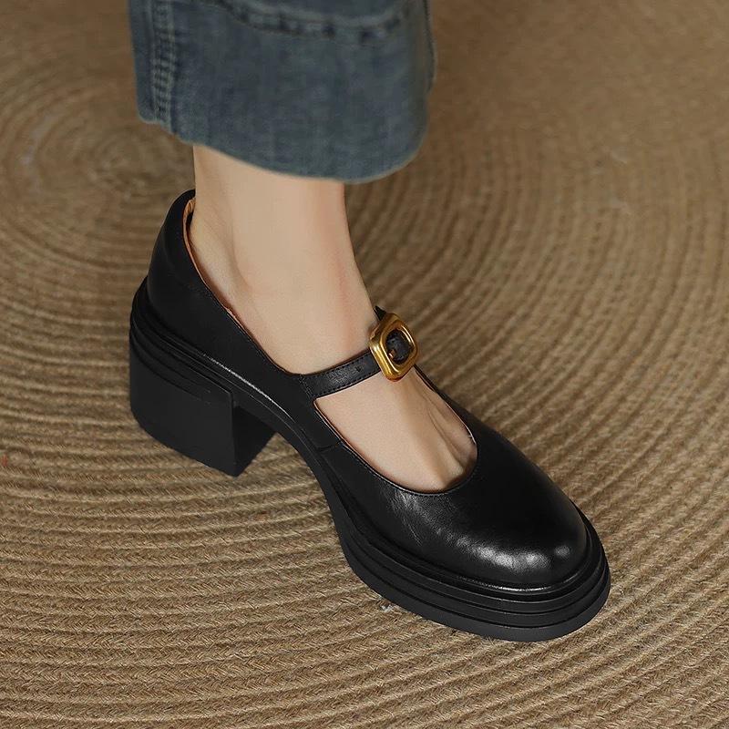 2025 New Four Seasons Women's Shoes Soft Leather Round Head Retro Style High Heels One-word Buckle with Thick Sole Mary Jane Single Shoes Women