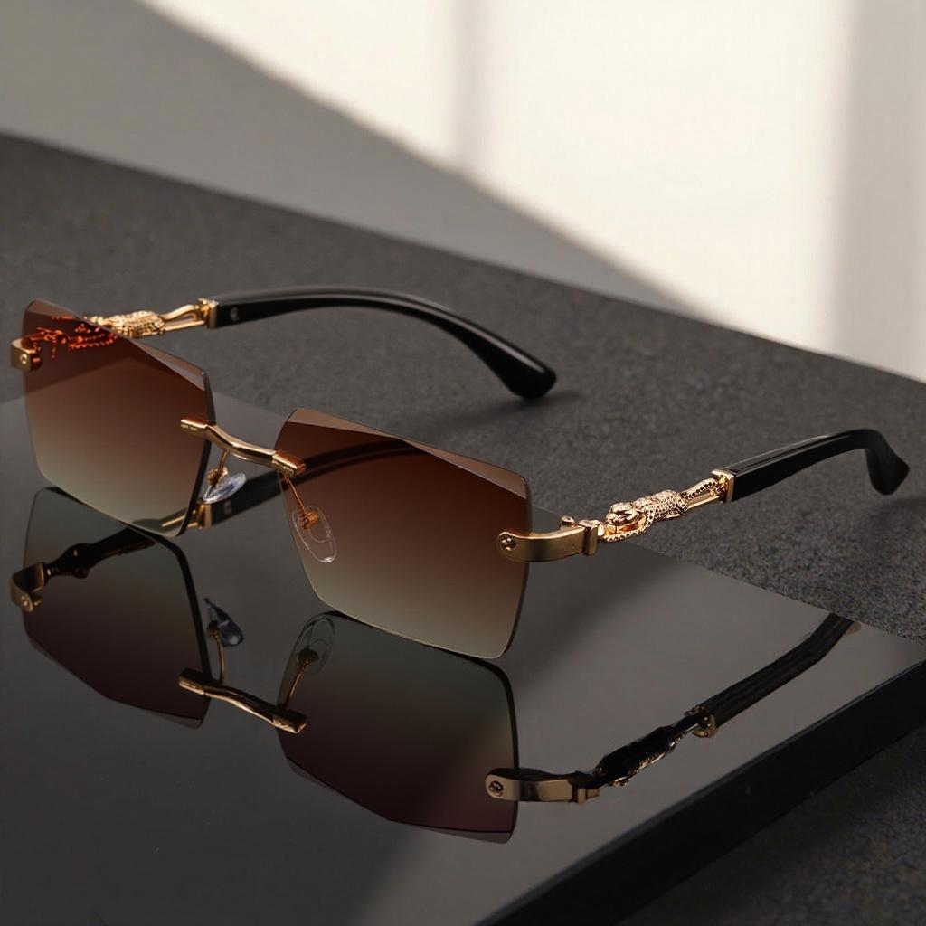 Unisex Luxury Frameless Black Golden Sunglasses with Leopard Print - UV400 Protection, Thin Rectangular Lenses, Elegant Design