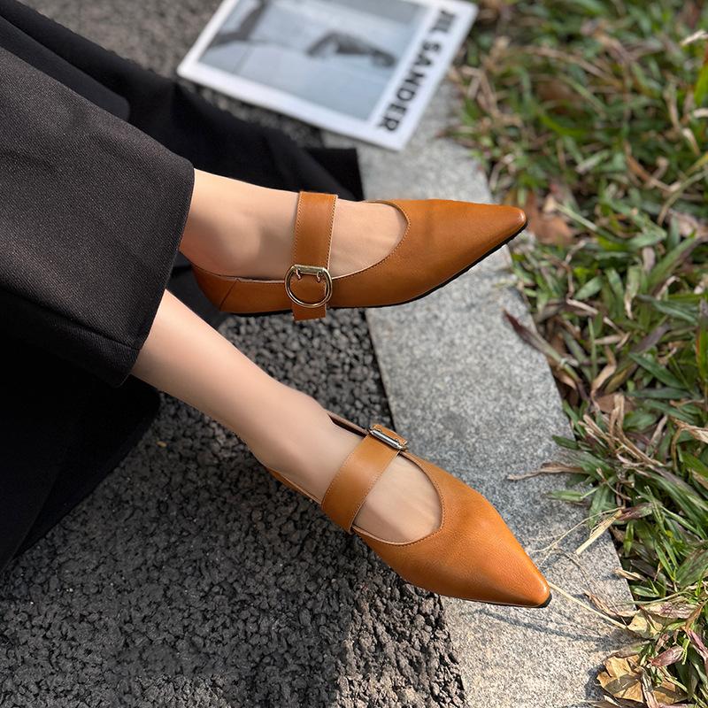 Johnature Retro Mary Jane Pointed Toe Women's Shoes Versatile Genuine Leather Soft Soled Flat Shoes