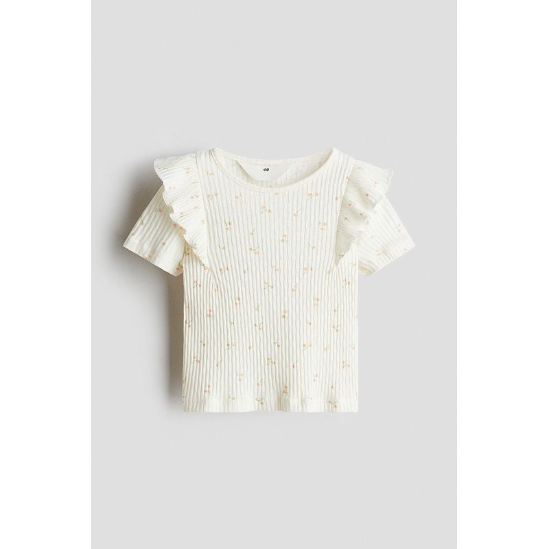 

Детская одежда HM Футболка для девочки 2025 Лето Новое поступление Рюши Хлопок Свободный Короткий рукав круглый вырез Топ 1282330 White/Florals 120/60