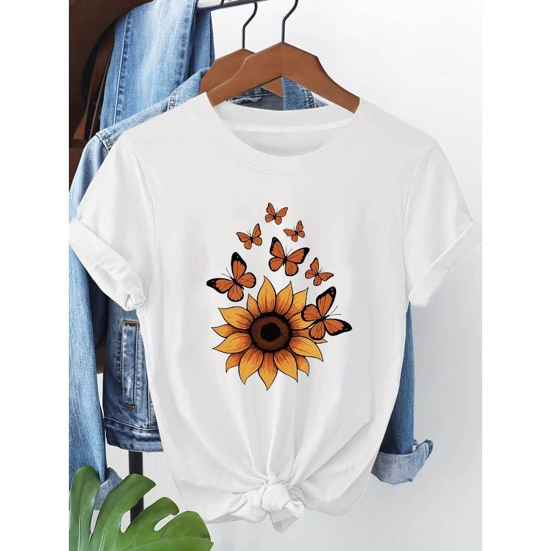 

Sunflower Butterflies Graphic Print Plus Size Women S T-Shirt, Short Sleeve Crew Neck Casual Top for Summer & Spring, Women S Clothing S белый