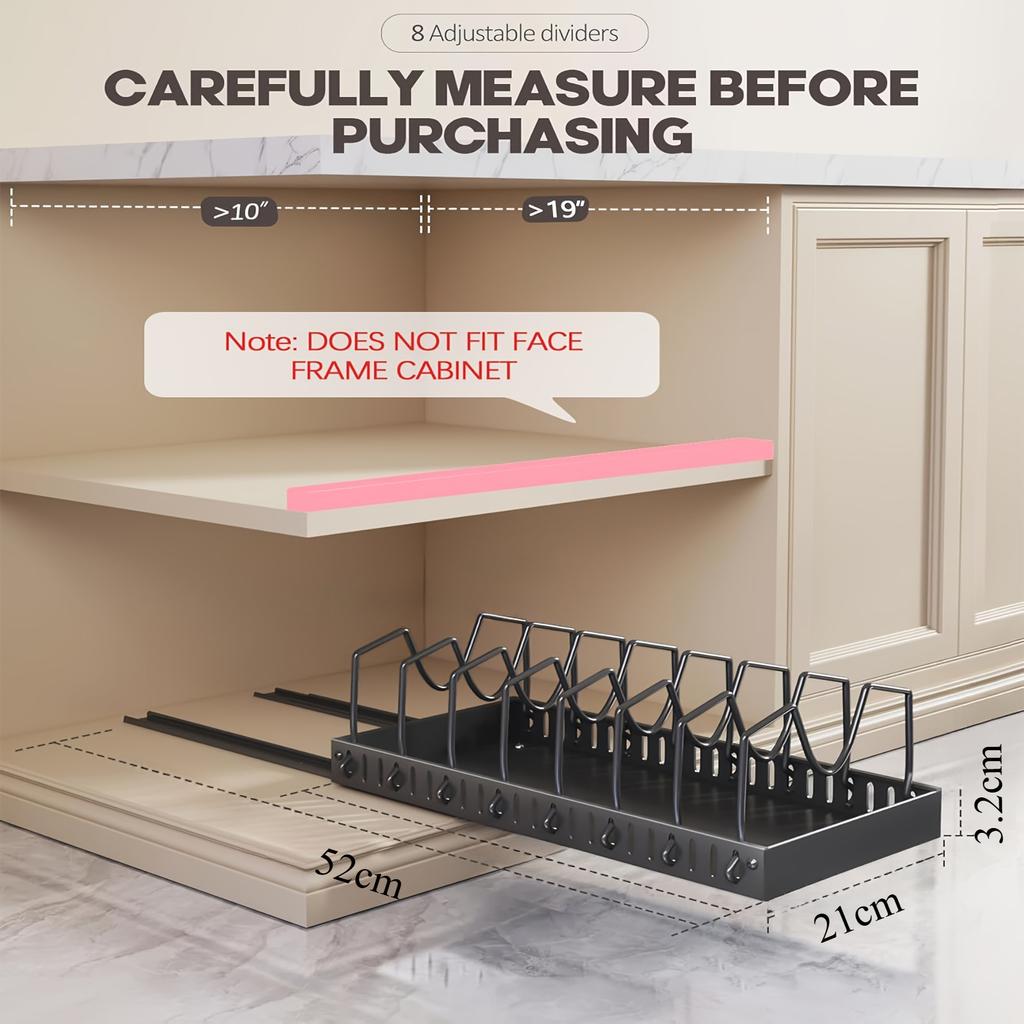 Pull Out Pot Lids Organizer Rack, 2pcs Pots and Pans Organizer for Under Cabinet, Pot Lid Holder with 8 Adjustable Compartment for Kitchen Cabinet