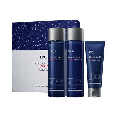 Schwarzes Snail Homme Prestige 3-teiliges Set (Toner 150 ml + Emulsion 150 ml + Reinigungsschaum 70 ml)