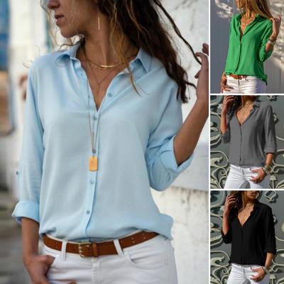 Chemise en mousseline de soie à revers pour femme, manches longues, simple boutonnage, couleur unie, fine, pour le bureau
