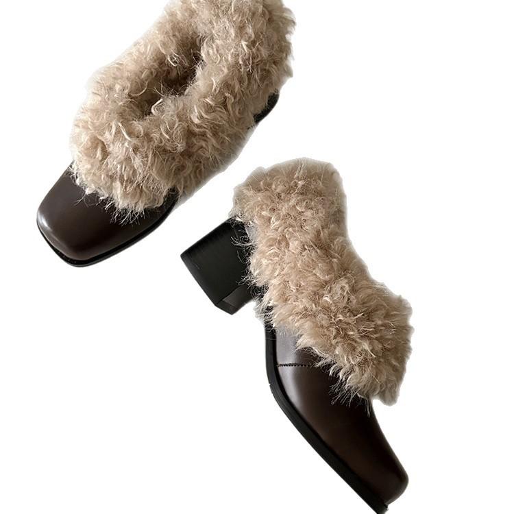 Sheep curly warm thick heel deep mouth fluffy small leather shoes women's velvet loafers