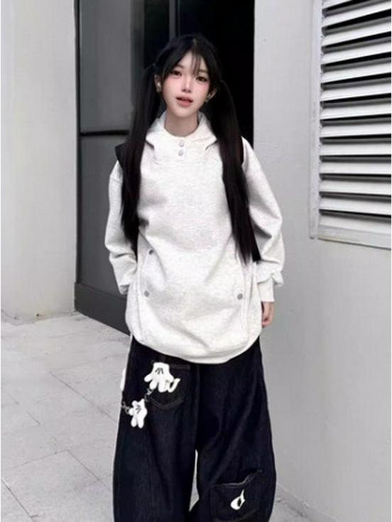 Trendy Plus Velvet Heavyweight Unisex Hooded Button-Up Retro Pullover Hoodie Jacket