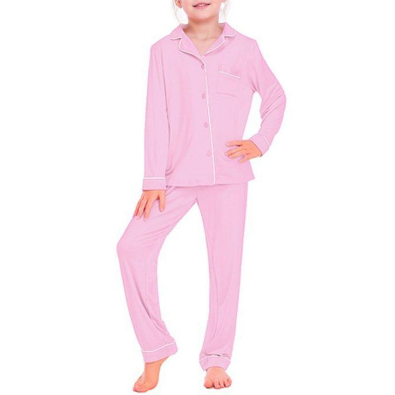 5-14 let Dětský Dívčí Pyžamový Set Dlouhý Rukáv Knoflíkový Top a Kalhoty Domácí Oblečení