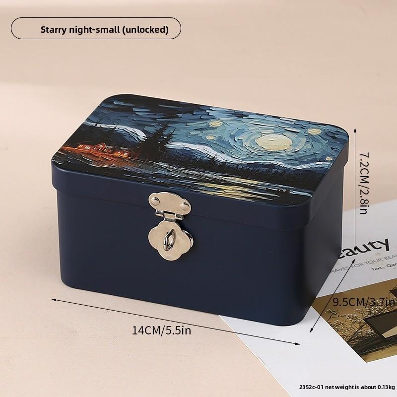 Retro Tinplate Box with Lock Key, Desktop Storage Box, Cosmetics, ID Storage, Household Jewelry Empty Box.
