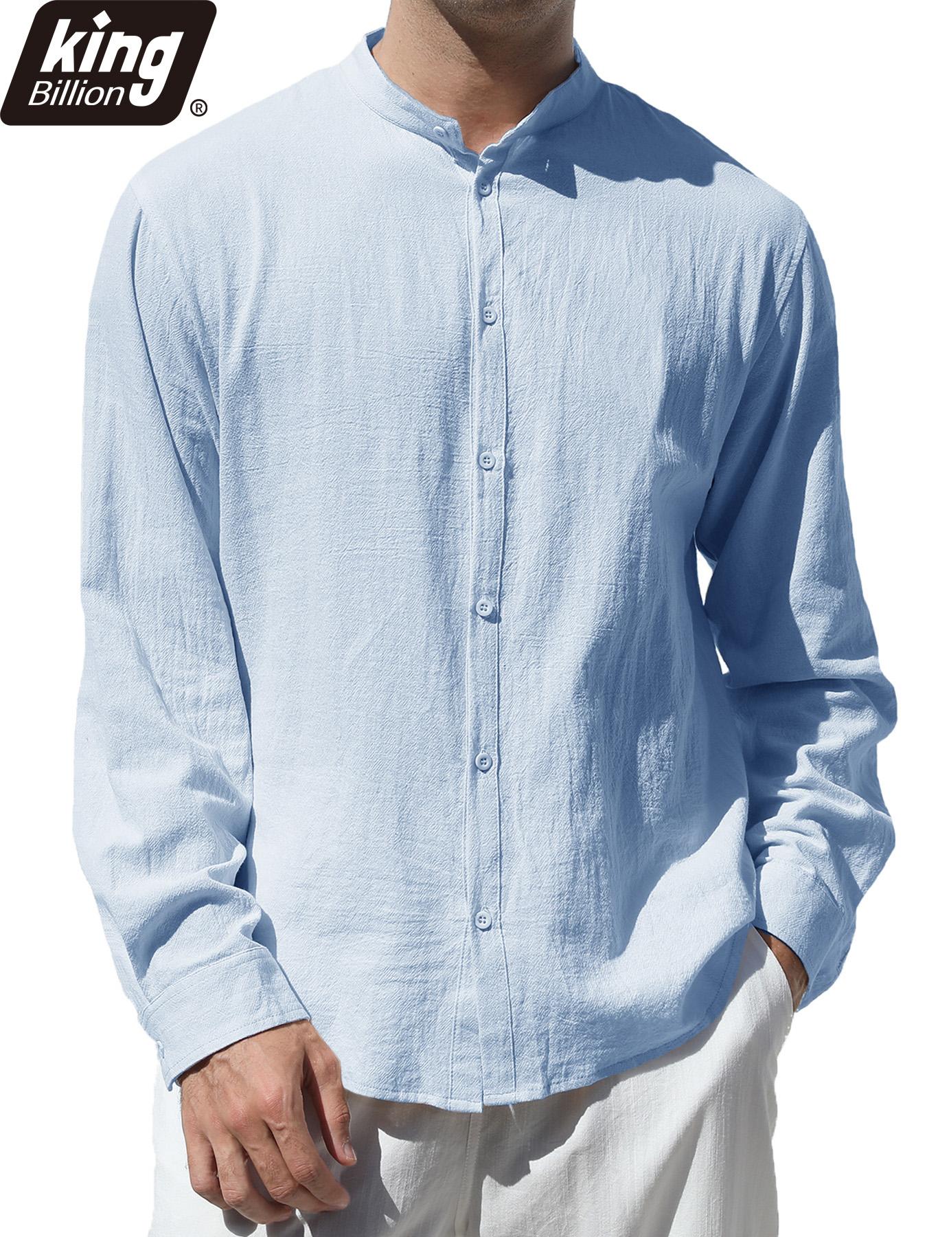 

Мужская льняная рубашка с длинным рукавом однотонная белая дышащая легкая стильный воротник для повседневной носки S небесно-голубой