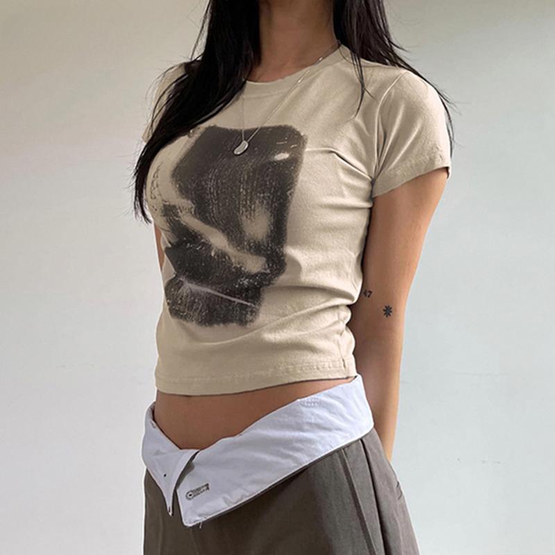 Vintage Chic Print y2k Crop Top Crewneck Slim Short Sleeve T-shirt Summer Harajuku  Streetwear y2k Retro Tees Shirt Women