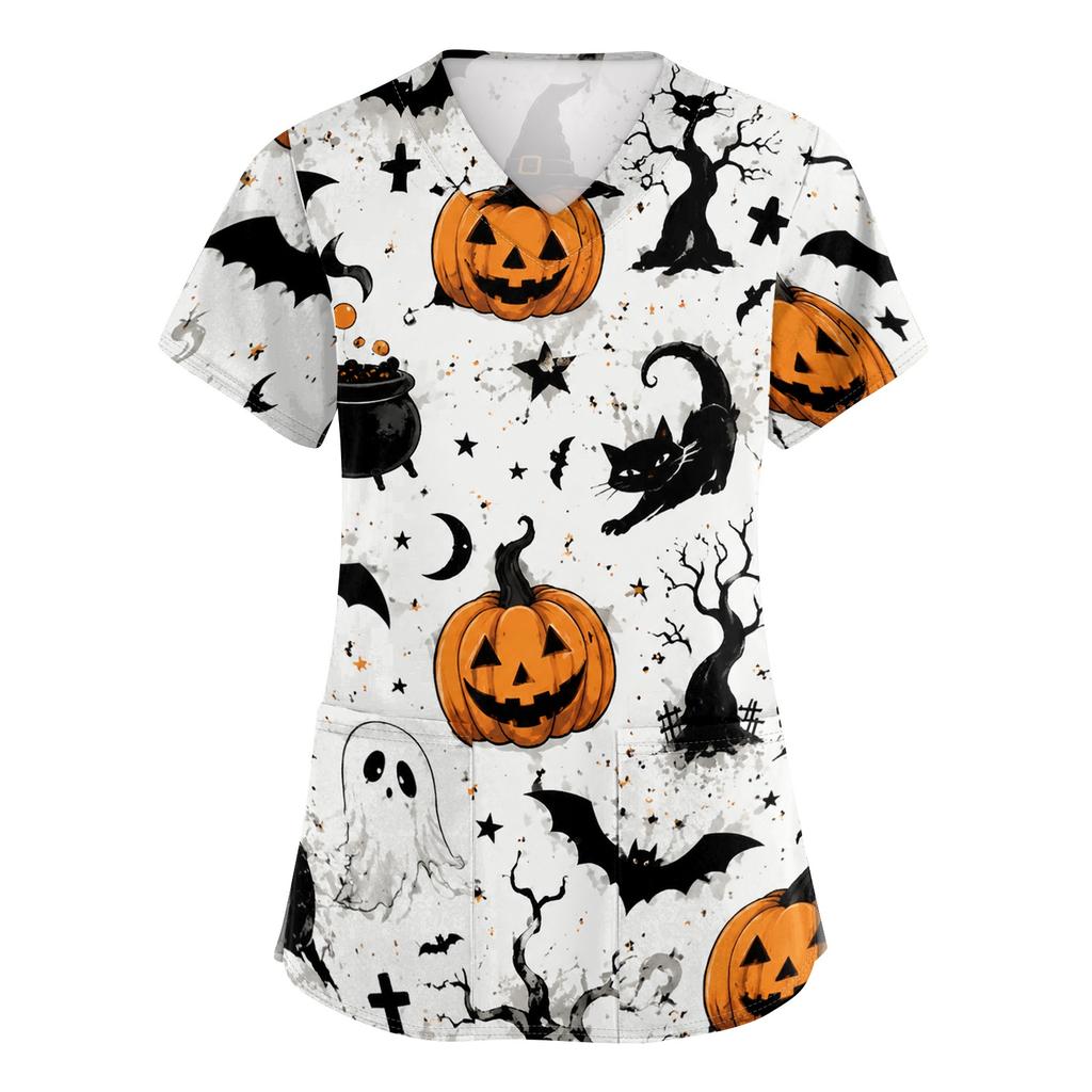 Women V Neck Short Sleeve Printed Scrub Top with Pockets and Side Slits for Work Uniforms Holiday Theme
