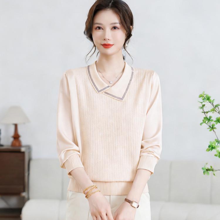 

2026 Spring Women s Ice Silk Acetate Patchwork Wool Knit Sweater - Long Sleeve Pullover L бежевий