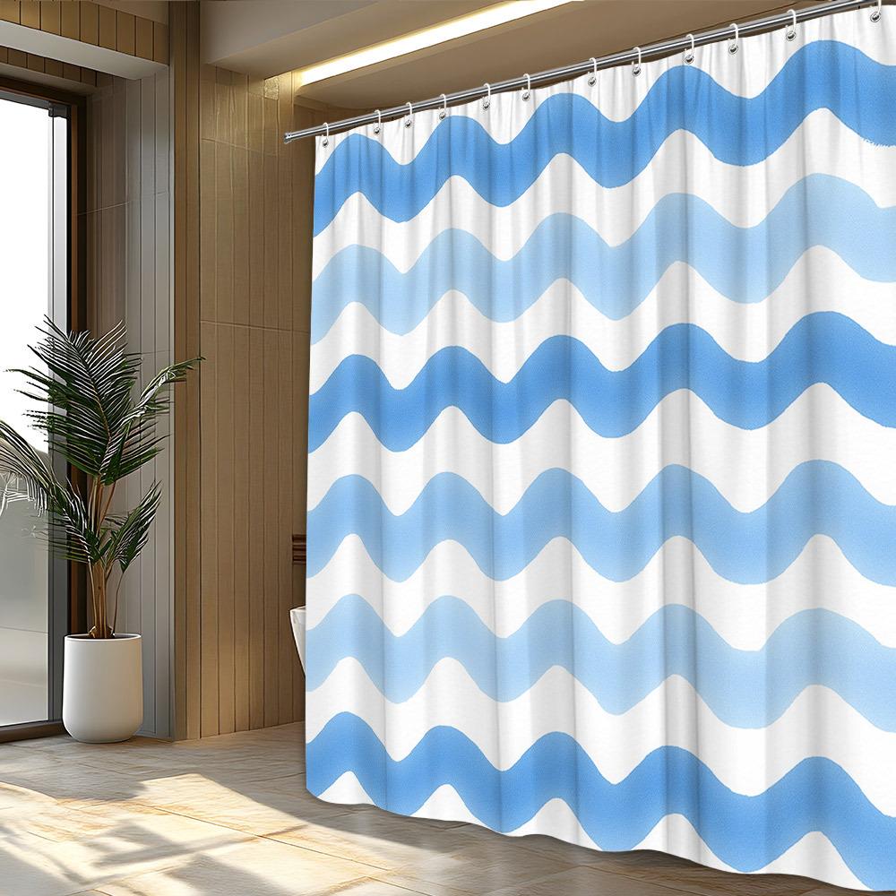 1 piece of wavy blue line pattern shower curtain - ocean soothing design, simple and clean white polyester fabric with hooks