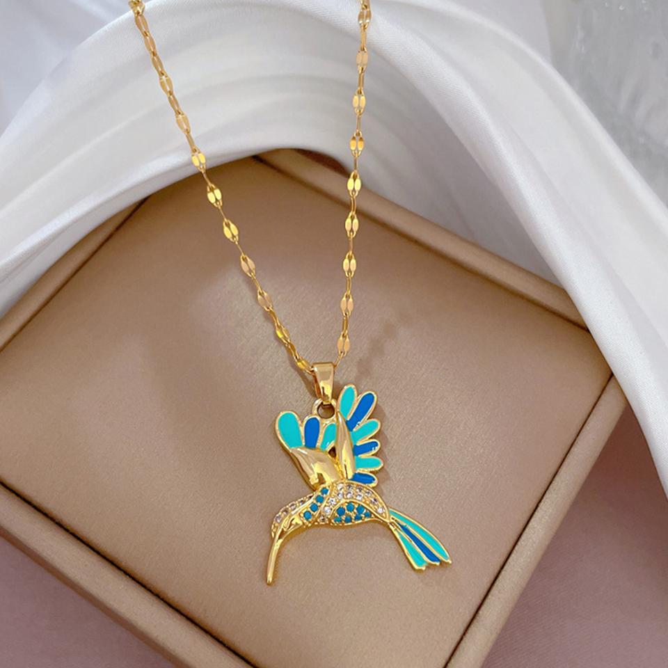 ZAKOL Cute Inlaid CZ Blue Woodpecker Necklace Titanium Stainless Steel Gold Color Chain Animal Pendant Choker Accessories