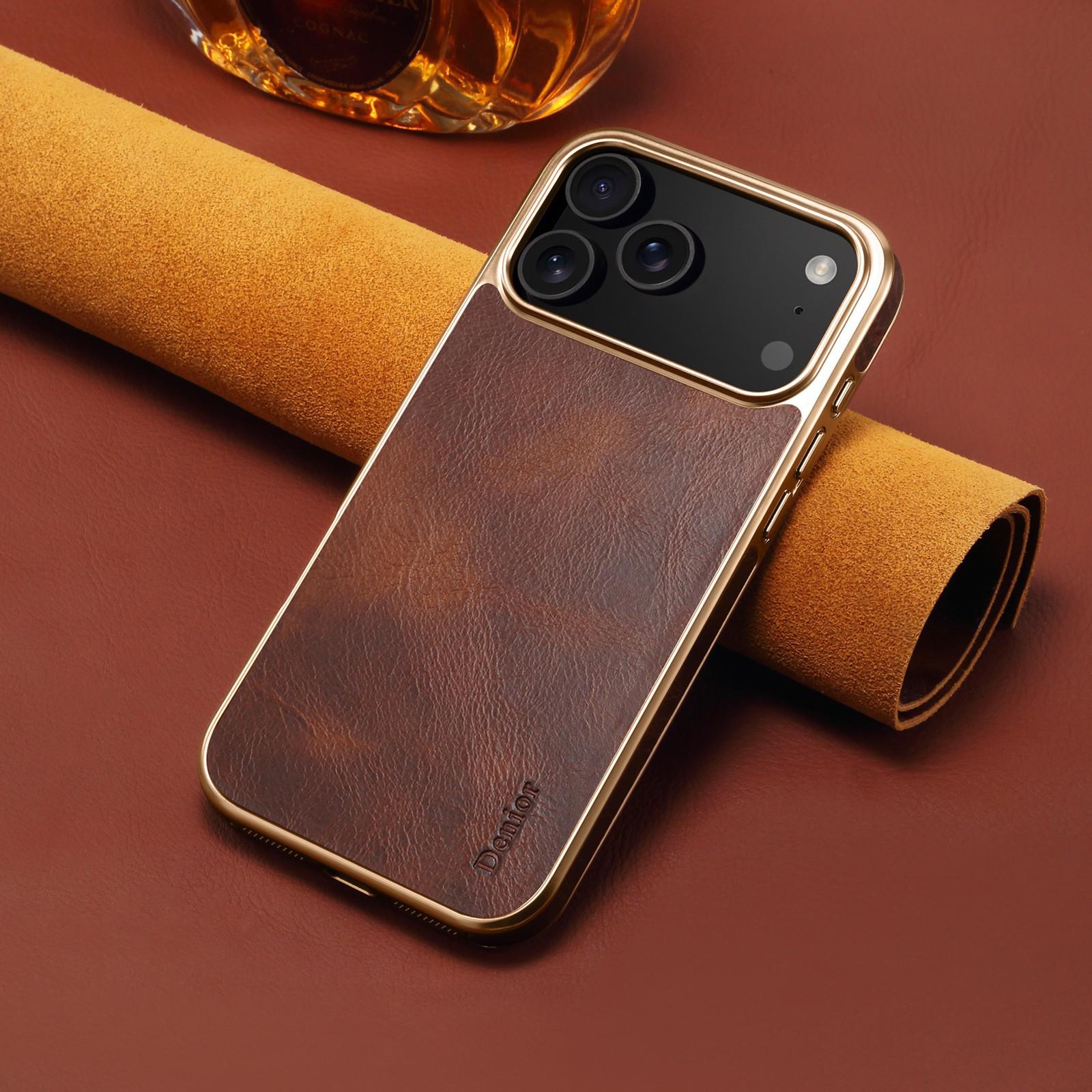 

Защитный чехол Denior Apple 17 Air из натуральной кожи для iPhone 17 Pro Max, Гальванизированная коровья кожа iPhone 16 коричневый