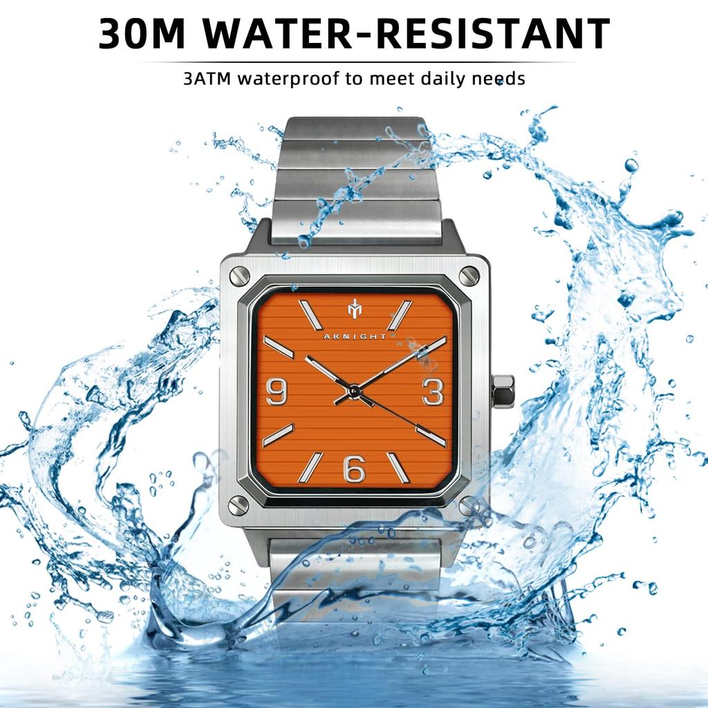 AKNIGHT Watch Popular Louvered Dial Texture Waterproof Analog Quartz Business Hand Watch Stainless Steel Day Gift Large Easy To Read Square Face Men's
