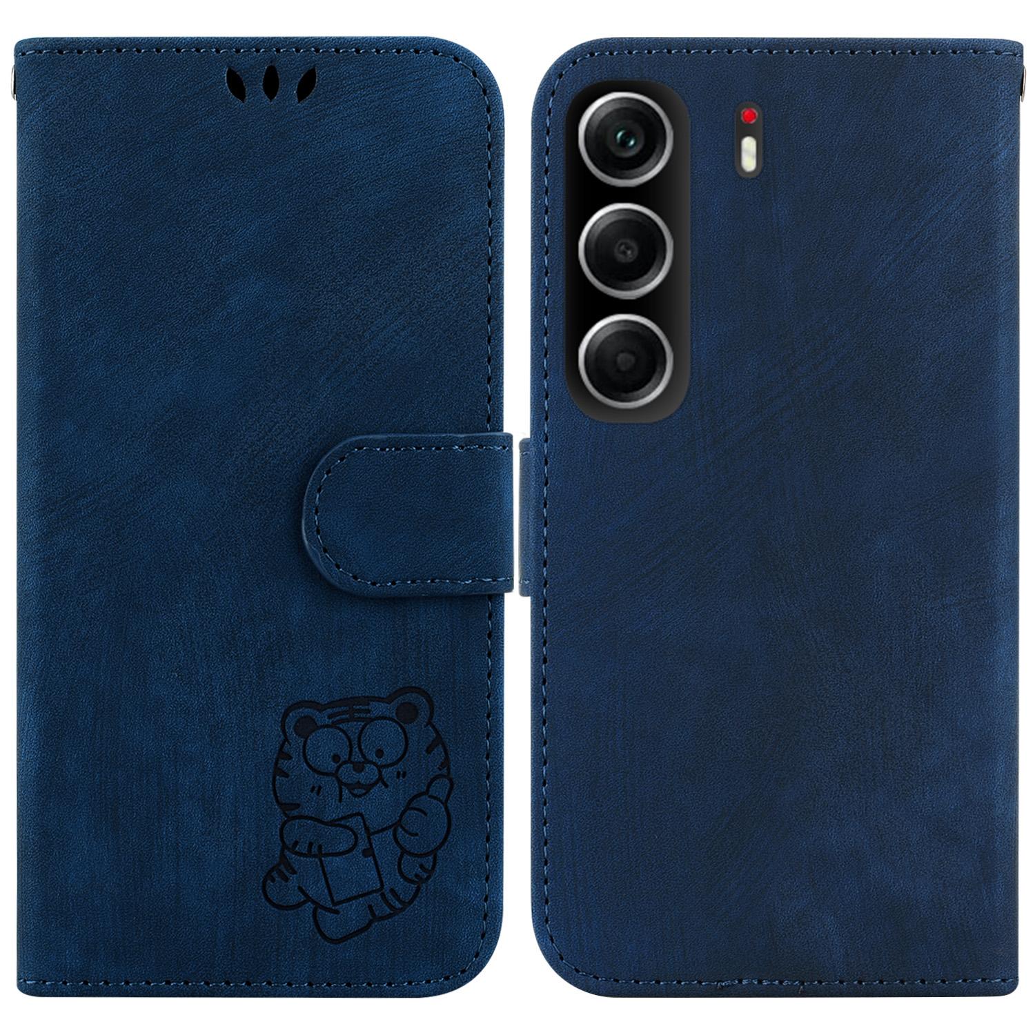 

For TECNO Camon 40 4G Wallet Case Tiger Imprint Leather Shockproof Phone Cover with Wrist Strap Dark Blue