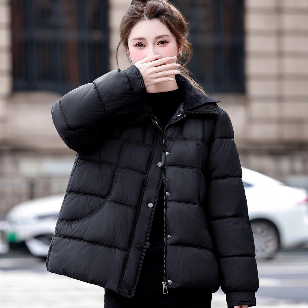 New short cotton-padded women's knitted lapel thickened cotton-padded warm and fashionable black cotton-padded jacket small jacket