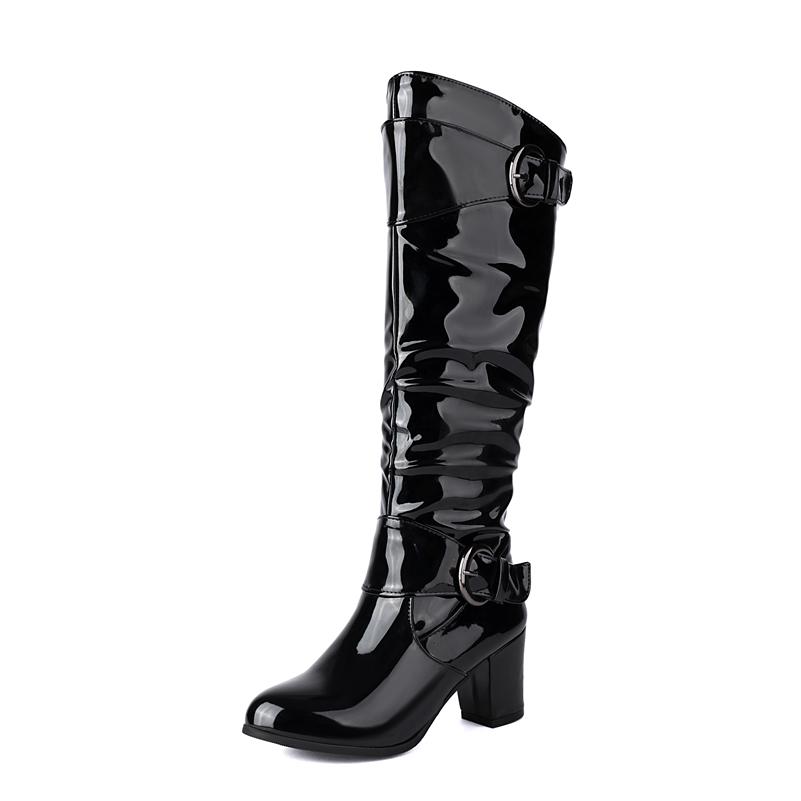 Meotina Women Knee High Long Boots Round Toe Chunky High Heels Zipper Buckle Gogo Boots Ladies Fashion Shoes Winter Black 43