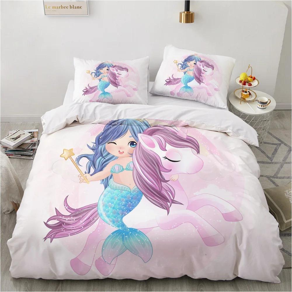 Cute Cartoon Unicorn Duvet Cover Set, Rainbow Floral Kids Bedding, 3D Printed Soft Microfiber Quilt Cover Pillowcase