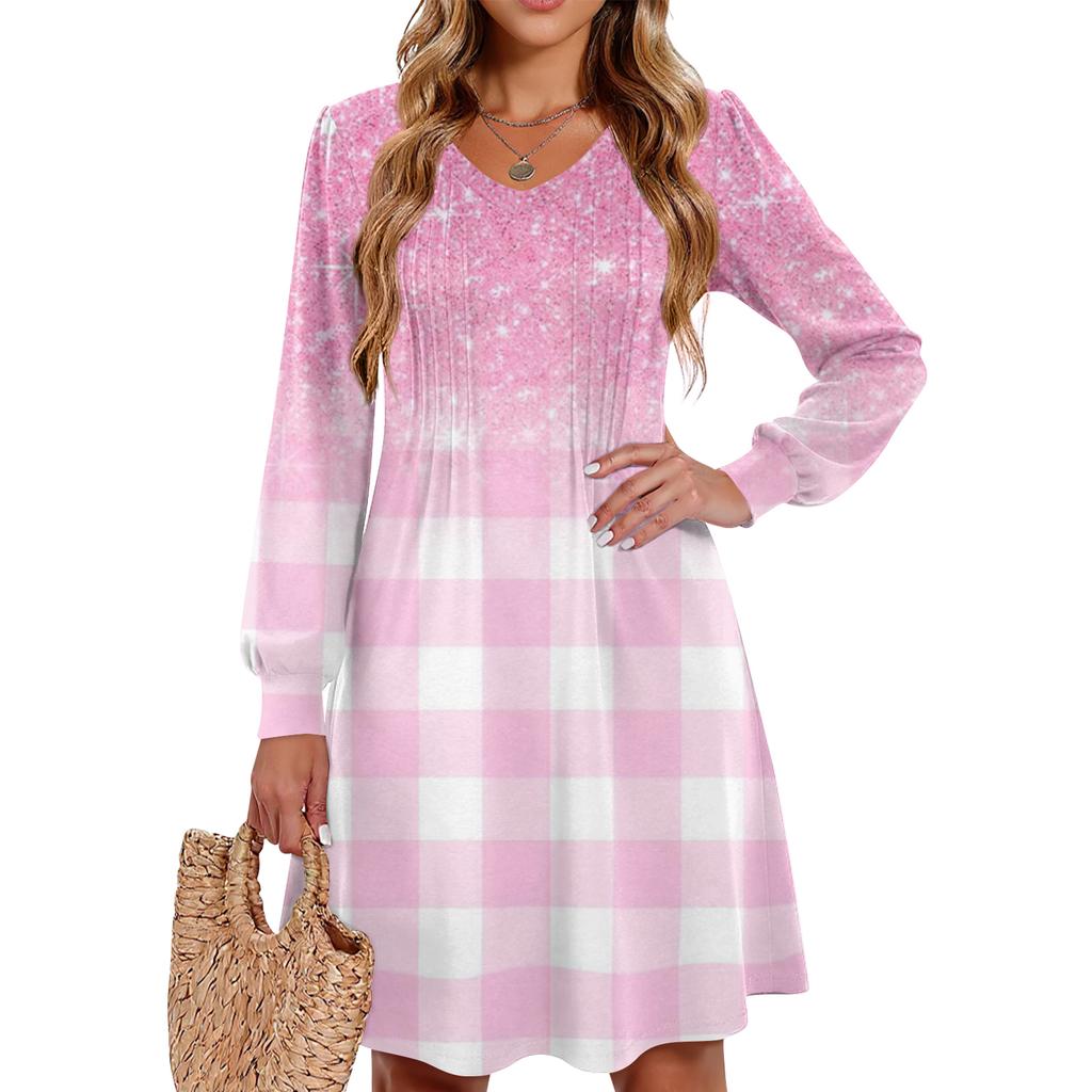 Ladies' Printed Casual And Fashionable V-neck Long Sleeved Mid Length Dress