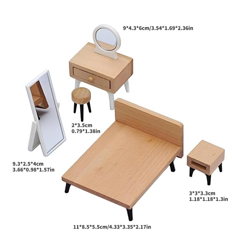 Pack of 5 Plastic Wooden Doll Bedroom Accessory Set With Tiny Wardrobe Vanity Stool And Nightstand For Kids Playhouse