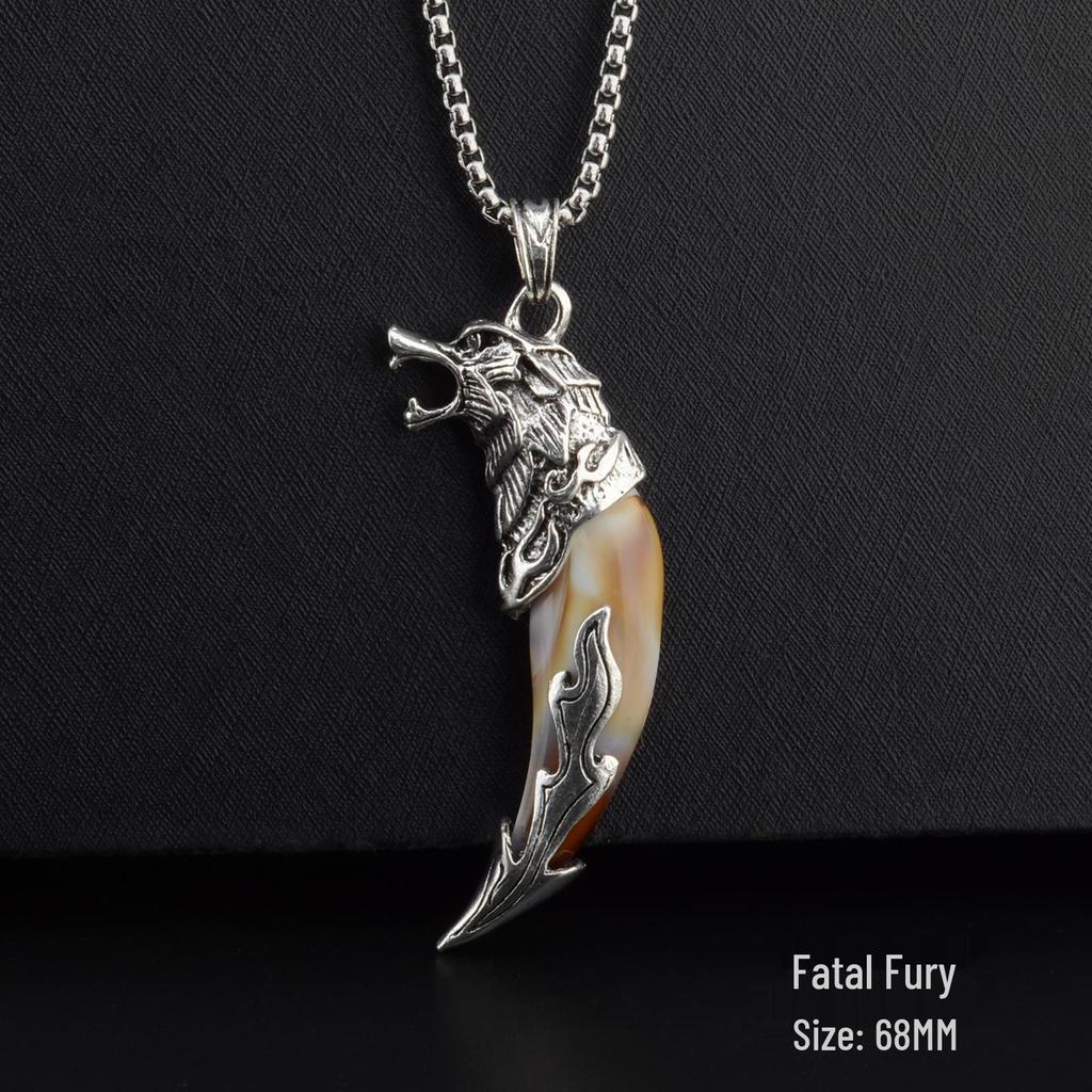 Men's Tibetan Faux Wolf Tooth Pendant Necklace, Titanium Steel Chain, Nepalese Style